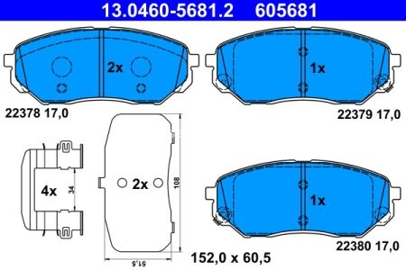 Set plăcuțe frână ATE, față , pentru: HYUNDAI SANTA FE IV, SANTA FE IV/SUV; KIA SORENTO III 2.0D-3.5 01.15-