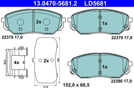 Set plăcuțe frână ATE, față , pentru: HYUNDAI SANTA FE IV, SANTA FE IV/SUV; KIA SORENTO III 2.0D-3.5 01.15-