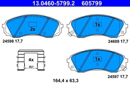 Set plăcuțe frână ATE, față (cu accesorii), pentru: HYUNDAI H-1 CARGO, H-1 TRAVEL; KIA CARNIVAL III; TOYOTA PROACE, PROACE VERSO 2.0D-2.9D 04.06-