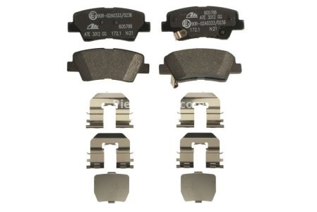 Set plăcuțe frână ATE, spate  (cu accesorii; cu un tampon de amortizare), pentru: HYUNDAI ELANTRA IV, GRANDEUR, I10 III, IX35, KONA, SONATA V, TUCSON, TUCSON/SUV 1.2-Electric 06.04-
