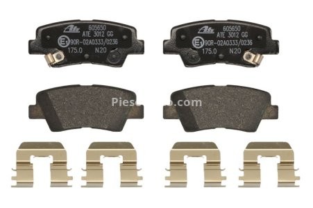 Set plăcuțe frână ATE, spate  (cu accesorii), pentru: HYUNDAI ACCENT IV, ACCENT V, BAYON, ELANTRA V, I10 I, I10 II, I10 III, I20 ACTIVE, I20 II, I20 III, I30, I40 I, I40 I CW 1.0-Electric 01.10-