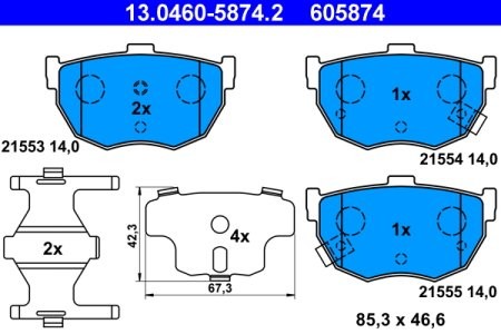 Set plăcuțe frână ATE, spate  (cu accesorii), pentru: HYUNDAI COUPE I, COUPE II, ELANTRA III, LANTRA II, TIBURON; KIA CERATO I; NISSAN BLUEBIRD, MAXIMA III 1.5-3.0 11.83-