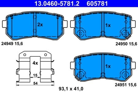 Set plăcuțe frână ATE, spate  (cu accesorii), pentru: HYUNDAI CRETA, IX20, KONA, KONA/SUV, TUCSON; KIA PICANTO II, SOUL II 1.0-2.0 11.10-