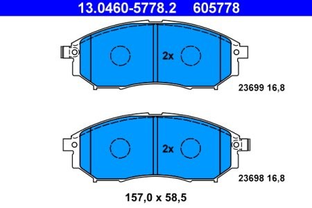 Set plăcuțe frână ATE, față , pentru: NISSAN MURANO I, MURANO II, NAVARA, NP300 NAVARA, PATHFINDER III, QASHQAI I, SKYLINE 1.6-5.6 02.01-
