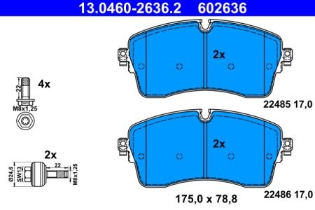 Set plăcuțe frână ATE, față , (cu șurub ghidare etrier), pentru: JAGUAR E-PACE; LAND ROVER DEFENDER, DISCOVERY SPORT, DISCOVERY V, RANGE ROVER EVOQUE, RANGE ROVER IV 1.5H-5.0 06.11-