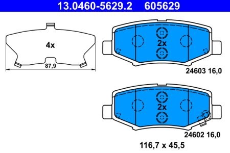 Set plăcuțe frână ATE, spate  (cu un tampon de amortizare), pentru: JEEP CHEROKEE, WRANGLER III 2.8D-3.8 04.07-
