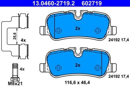 Set plăcuțe frână ATE, spate  (cu accesorii; cu șuruburi ghidare etrier), pentru: LAND ROVER DISCOVERY III, DISCOVERY IV, RANGE ROVER III 2.7D-5.0 03.02-12.18