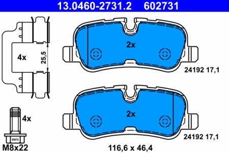 Set plăcuțe frână ATE, spate  (cu accesorii; cu șuruburi ghidare etrier), pentru: LAND ROVER DISCOVERY IV, RANGE ROVER III, RANGE ROVER SPORT I 3.0-5.0 04.06-12.18