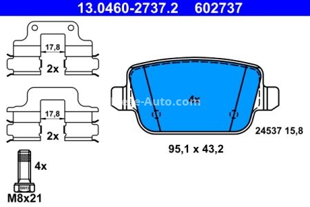 Set plăcuțe frână ATE, spate  (cu accesorii; cu șuruburi ghidare etrier), pentru: VOLVO S80 II, V70 III, V70 III/KOMBI, XC70 II; LAND ROVER FREELANDER 2 1.6-4.4 03.06-12.16