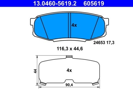Set plăcuțe frână ATE, spate  (cu un tampon de amortizare), pentru: LEXUS LX; TOYOTA LAND CRUISER 200, SEQUOIA, TUNDRA 4.0-5.7ALK 01.06-