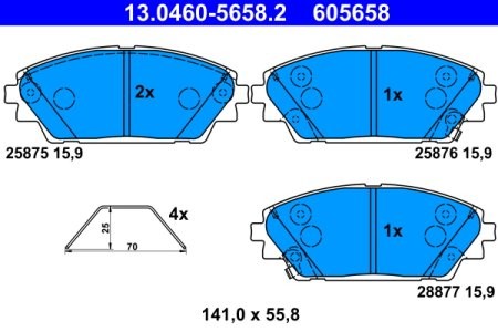 Set plăcuțe frână ATE, față (cu accesorii), pentru: MAZDA 3, 3/HATCHBACK, CX-3, CX-30 1.5-2.2D 07.13-