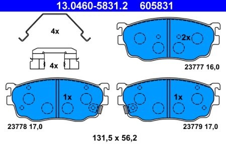 Set plăcuțe frână ATE, față (cu accesorii), pentru: MAZDA 323 F VI, 323 S VI, 626 V, PREMACY 1.8-2.0D 05.97-03.05