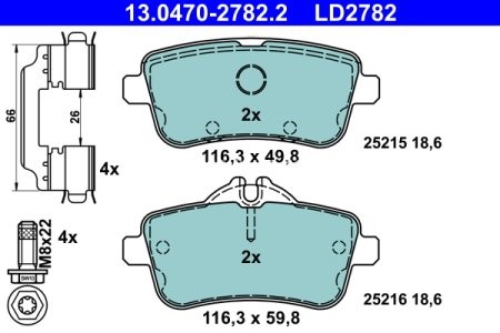 Set plăcuțe frână ATE din ceramică, spate (cu accesorii; cu șuruburi ghidare etrier), pentru: MERCEDES GL (X166), GLE (C292), GLE (W166), GLS (X166) 2.2D-5.5 06.11-10.19