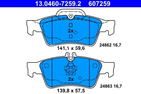 Set plăcuțe frână ATE, spate  , pentru: MERCEDES CLS (C218), CLS (C219), CLS SHOOTING BRAKE (X218), E T-MODEL (S211), E T-MODEL (S212), E (VF211), E (W211), E (W212), S (C216) 1.8-5.8 10.98-12.17 2