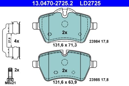 Set plăcuțe frână ATE din ceramică, față (cu accesorii; cu șuruburi ghidare etrier), pentru: MINI (R50, R53), (R52), (R56), (R57), (R58), (R59) 1.6/1.6D/2.0D 11.03-10.16