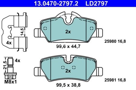 Set plăcuțe frână ATE din ceramică, spate (cu accesorii; cu șuruburi ghidare etrier), pentru: MINI (F55), (F56), (F57) 1.2-2.0D 09.13-
