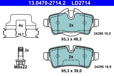 Set plăcuțe frână ATE din ceramică, spate (cu accesorii; cu șuruburi ghidare etrier), pentru: MINI (R56), (R57), (R58), (R59), CLUBMAN (R55) 1.4-2.0D 09.06-06.15