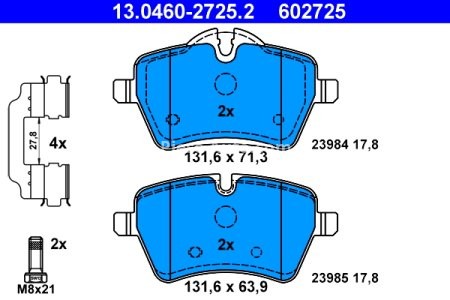 Set plăcuțe frână ATE, față (cu accesorii; cu șuruburi ghidare etrier), pentru: MINI (R50, R53), (R52), (R56), (R57), (R58), (R59) 1.6/1.6D/2.0D 11.03-10.16
