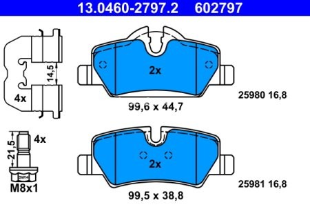 Set plăcuțe frână ATE, spate  (cu accesorii; cu șuruburi ghidare etrier), pentru: MINI (F55), (F56), (F57) 1.2-2.0D 09.13-
