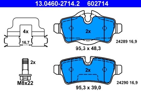 Set plăcuțe frână ATE, spate  (cu accesorii; cu șuruburi ghidare etrier), pentru: MINI (R56), (R57), (R58), (R59), CLUBMAN (R55), CLUBVAN (R55) 1.4-2.0D 09.06-06.15