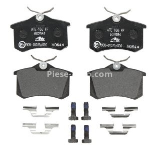 Set plăcuțe frână ATE, spate  (cu accesorii; cu șuruburi ghidare etrier), pentru: NISSAN MICRA III; PEUGEOT 405 I; RENAULT MEGANE I, TWINGO II; SEAT CORDOBA 1.2-2.9 05.86-