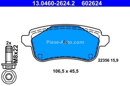 Set plăcuțe frână ATE, spate  (cu șuruburi ghidare etrier), pentru: NISSAN JUKE; RENAULT CAPTUR II, CLIO V, ESPACE V, FLUENCE, GRAND SCENIC III 1.0-Electric 11.08-