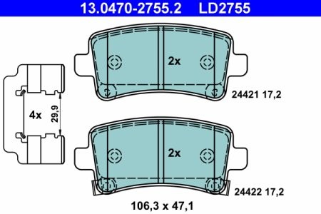 Set plăcuțe frână ATE din ceramică, spate (cu accesorii), pentru:  OPEL INSIGNIA A, INSIGNIA A COUNTRY; SAAB 9-5 1.4-3.6 07.08-BUICK LAE; CHEVROLET MALIBU;