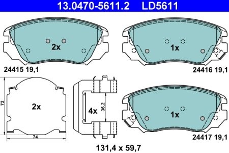 Set plăcuțe frână ATE din ceramică, față (cu accesorii), pentru: OPEL INSIGNIA A, INSIGNIA A COUNTRY; RENAULT KANGOO; SAAB 9-5 1.2-2.8 06.01-