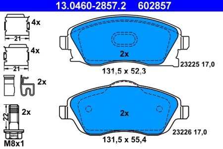 Set plăcuțe frână ATE, față (cu accesorii; cu șuruburi ghidare etrier), pentru: OPEL COMBO TOUR, COMBO/MINIVAN, CORSA C, CORSA C/HATCHBACK, MERIVA A, TIGRA 1.0-1.8 09.00-