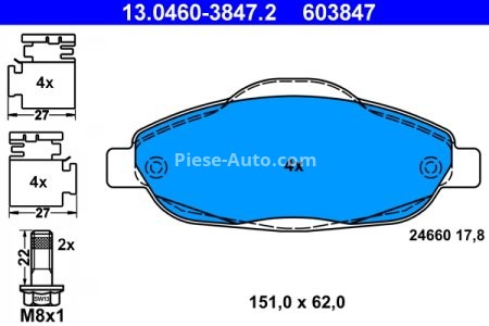 Set plăcuțe frână ATE, față (cu accesorii; cu șuruburi ghidare etrier), pentru: PEUGEOT 3008, 308, 308 I, 308 I/KOMBI 1.2-2.0D 09.07-08.16