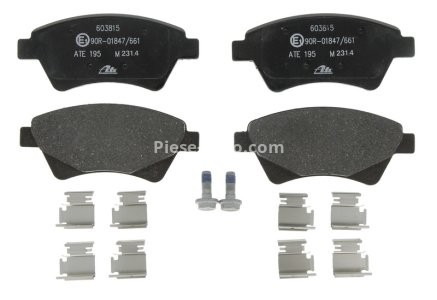 Set plăcuțe frână ATE, față (cu accesorii; cu șuruburi ghidare etrier), pentru: RENAULT GRAND SCENIC II, KANGOO, KANGOO EXPRESS, MEGANE II, MEGANE II/KOMBI 1.4-2.0D 10.01-