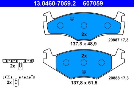 Set plăcuțe frână ATE, față (cu accesorii), pentru: SEAT CORDOBA, CORDOBA VARIO, CORDOBA VARIO/KOMBI, IBIZA II; VW POLO, POLO CLASSIC, POLO II, POLO III, POLO III CLASSIC 1.0-2.0 10.81-12.02