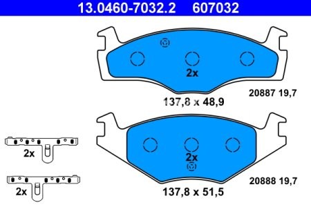 Set plăcuțe frână ATE, față (cu accesorii), pentru: SEAT CORDOBA, CORDOBA VARIO, IBIZA II, TOLEDO I; VW CADDY I, GOLF I, GOLF II, GOLF III, JETTA I, JETTA II, PASSAT B1 1.0-2.0 05.73-12.02