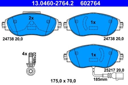 Set plăcuțe frână ATE, față (cu șuruburi ghidare etrier), pentru: SEAT ALHAMBRA, LEON, LEON SC, LEON ST, LEON/HATCHBACK, TARRACO; VW ARTEON, ARTEON SHOOTING BRAKE 1.4-3.6 02.08-