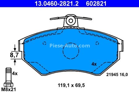 Set plăcuțe frână ATE, față (cu șuruburi ghidare etrier), pentru: SEAT AROSA, CORDOBA, CORDOBA VARIO, CORDOBA VARIO/KOMBI, IBIZA II, INCA, TOLEDO I 1.0-2.0 05.91-07.06