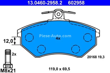 Set plăcuțe frână ATE, față (cu șuruburi ghidare etrier), pentru: SEAT CORDOBA, CORDOBA VARIO, CORDOBA VARIO/KOMBI, IBIZA II, INCA, TOLEDO I; VW CADDY II 1.0-2.9 02.88-01.04