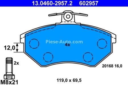 Set plăcuțe frână ATE, față (cu șuruburi ghidare etrier), pentru: SEAT CORDOBA, IBIZA II, TOLEDO I; VW CORRADO, GOLF II, GOLF III, JETTA II, PASSAT B2 1.0-2.8 01.81-10.02