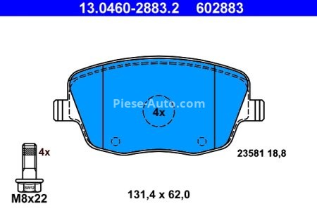 Set plăcuțe frână ATE, față (cu șuruburi ghidare etrier), pentru: SEAT CORDOBA, IBIZA III; SKODA FABIA I, FABIA I PRAKTIK, FABIA II, ROOMSTER, ROOMSTER PRAKTIK 1.0-2.0 12.95-