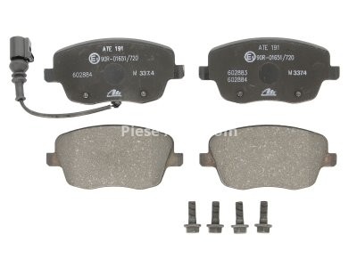 Set plăcuțe frână ATE, față (cu șuruburi ghidare etrier), pentru: SEAT CORDOBA, IBIZA III; SKODA FABIA I, FABIA I PRAKTIK, FABIA II, ROOMSTER, ROOMSTER PRAKTIK 1.0-2.0 12.95-