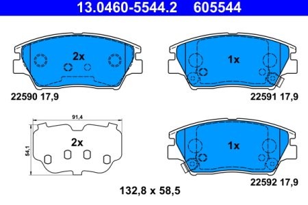 Set plăcuțe frână ATE, față (cu un tampon de amortizare), pentru: SSANGYONG TIVOLI, TIVOLI GRAND, XLV 1.5-1.6LPG 03.15-