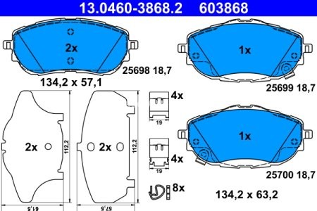 Set plăcuțe frână ATE, față , pentru: TOYOTA AURIS, COROLLA 1.2-1.8H 10.12-08.19