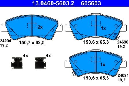 Set plăcuțe frână ATE, față (cu accesorii), pentru: TOYOTA AURIS, AVENSIS, COROLLA, VERSO 1.4D-2.2D 10.06-10.18