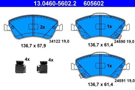 Set plăcuțe frână ATE, față (cu accesorii), pentru: TOYOTA AURIS, COROLLA 1.33-1.8H 10.06-07.14