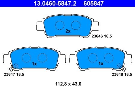 Set plăcuțe frână ATE, spate  , pentru: TOYOTA ALPHARD I, AVENSIS VERSO, ISIS, NOAH/VOXY, PREVIA II, SIENNA 1.8-3.5 02.00-08.14