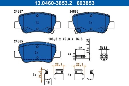 Set plăcuțe frână ATE, spate  (cu accesorii), pentru: TOYOTA AVENSIS 1.6-2.2D 11.08-10.18