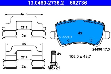 Set plăcuțe frână ATE, spate  (cu accesorii; cu șuruburi ghidare etrier), pentru: VOLVO S60 II, S80 II, V60 I, V70 III, V70 III/KOMBI, XC60 I, XC70 II 1.5-4.4 03.06-12.18