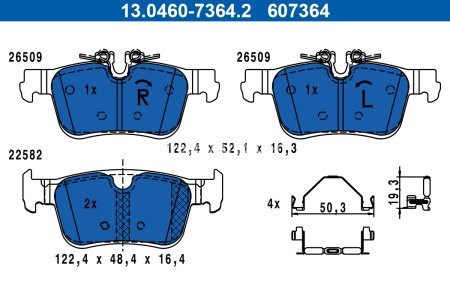 Set plăcuțe frână ATE, spate , (cu accesorii), pentru: VOLVO S60 III, S90 II, V60 II, V90 II, XC60 II 2.0-2.0H 03.16- 3