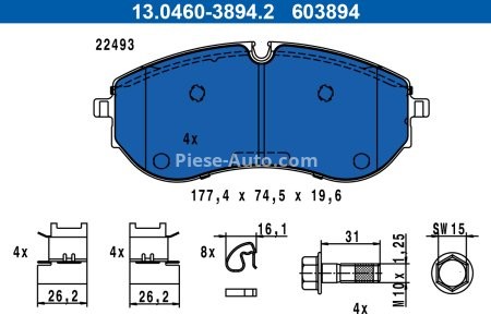 Set plăcuțe frână ATE, față , (cu șurub ghidare etrier;cu accesorii), pentru: VW CRAFTER, GRAND CALIFORNIA CAMPER 2.0D/Electric 09.16-