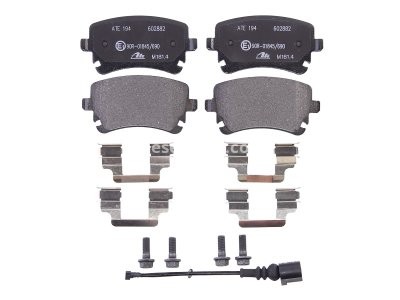 Set plăcuțe frână ATE, spate  (cu accesorii; cu șuruburi ghidare etrier), pentru: VW CALIFORNIA T5 CAMPER, CALIFORNIA T6 CAMPER, MULTIVAN T5, MULTIVAN T6 1.9D-Electric 04.03-