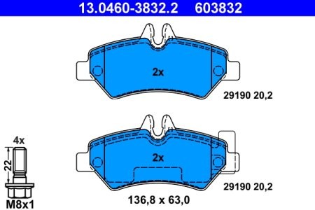 Set plăcuțe frână ATE, spate  (cu șuruburi ghidare etrier), pentru: VW CRAFTER 30-35, CRAFTER 30-50 2.0D/2.5D 04.06-12.16